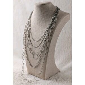 Silver Tone Layered Chain Necklace Long Multi Strand Statement